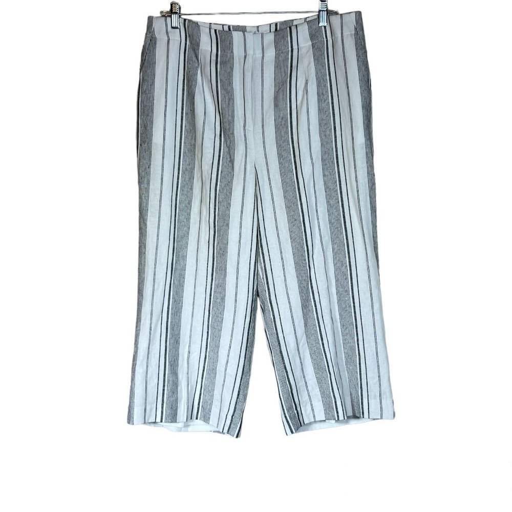Calvin Klein Linen Wide Leg Womens Crop Pant Size 12 Black White Stripe Lined